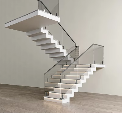 Modern Floating Interior Staircase Design With Glass Railing And White Illuminated Steps 3d model