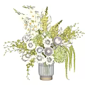 Elegant Transparent Glass Vase With White Pink Roses Orchids Hydrangeas And Green Leaves