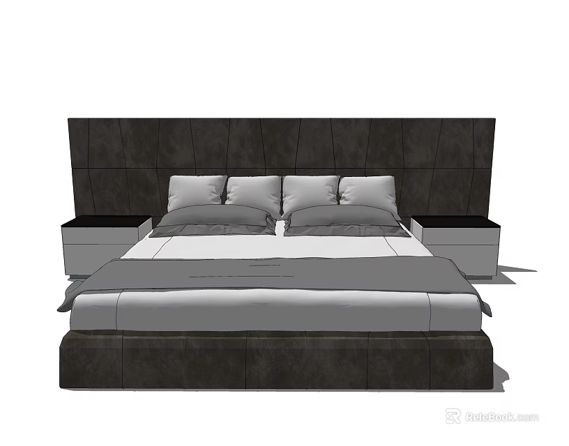 Modern Double Bed With Dark Upholstered Headboard Four Pillows And Side Nightstands 3d model