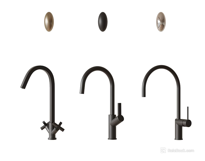 Three Black Curved Kitchen Faucets With Gold Black Silver Handles 3d model 