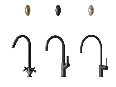Three Black Curved Kitchen Faucets With Gold Black Silver Handles 3d model