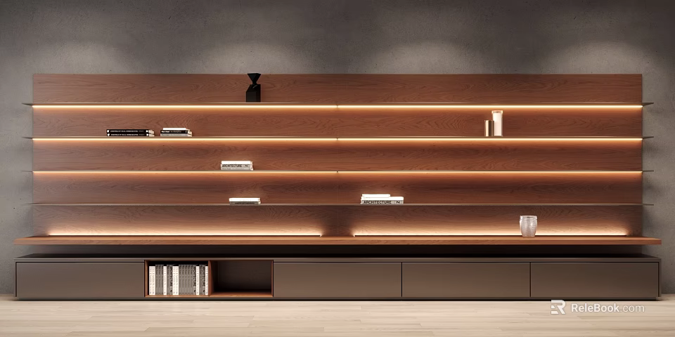 Modern Wooden Bookcase Design With Layered Shelves LED Lighting And Books 3d model 
