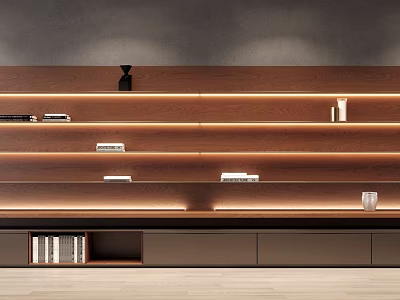 Modern Wooden Bookcase Design With Layered Shelves LED Lighting And Books 3d model