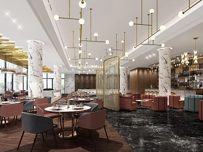 Luxurious Modern Restaurant Interior With Marble Columns Chandeliers Dining Tables Pink Chairs And Partition Screens 3d model