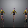 Three Women In Yellow Jacket Black Shorts Purple Boots And Purple Hair On Gray Background