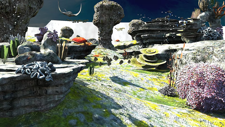 Enchanting Fantasy Landscape With Unique Rock Formations Vibrant Green Yellow Vegetation And Flying Creatures 3d model 