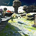 Enchanting Fantasy Landscape With Unique Rock Formations Vibrant Green Yellow Vegetation And Flying Creatures