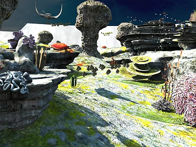 Enchanting Fantasy Landscape With Unique Rock Formations Vibrant Green Yellow Vegetation And Flying Creatures 3d model