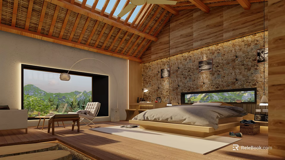 Hotel Guest Room With Wooden Roof Skylights Stone Walls And Mountain View 3d model 