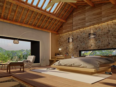 Hotel Guest Room With Wooden Roof Skylights Stone Walls And Mountain View 3d model