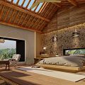 Hotel Guest Room With Wooden Roof Skylights Stone Walls And Mountain View