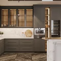 Elegant Modern Kitchen Interior With Gray Cabinets Wooden Island And White Countertop