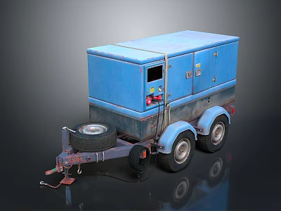 Blue Trailer Mounted Generator Featuring Two Wheels And Control Panel Enclosure 3d model