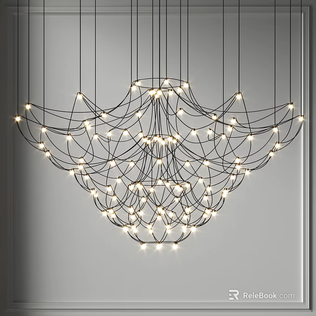 Modern Web like Artistic Chandelier With Intertwined Black Wires And Small Lights 3d model 