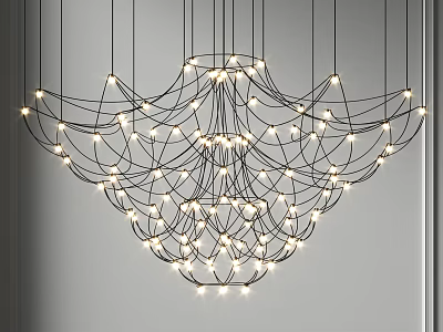 Modern Web like Artistic Chandelier With Intertwined Black Wires And Small Lights 3d model
