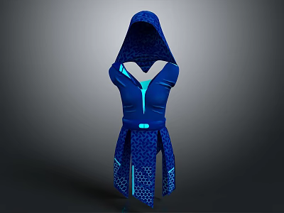 Blue Hooded Outfit With Neon Glowing Details Zipper Front Belted Waist And Patterned Fabric 3d model
