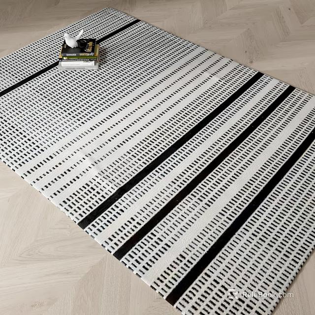 Stylish Black And White Striped Square Rug With Geometric Pattern On Wooden Floor 3d model 