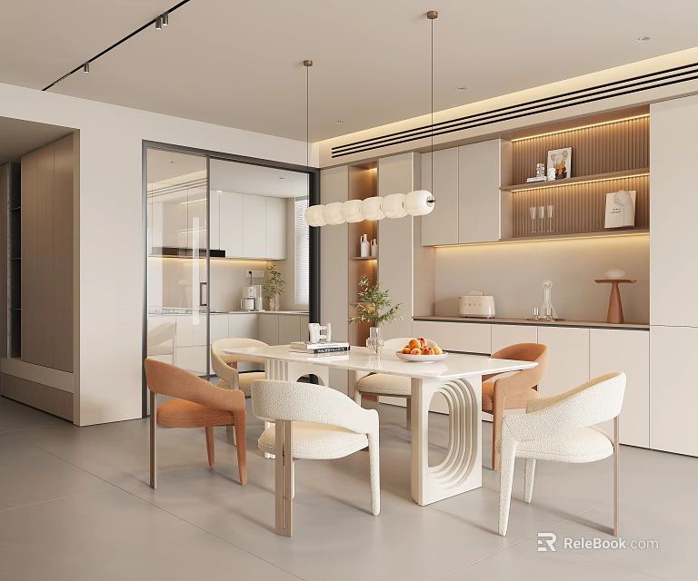 Modern Open Dining Room Interior With Dining Table Chairs And Pendant Lights 3d model 