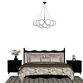 Modern Double Bed with Floral Bedding Nightstands Pendant Light Flower Vase and Polka Dot Rug