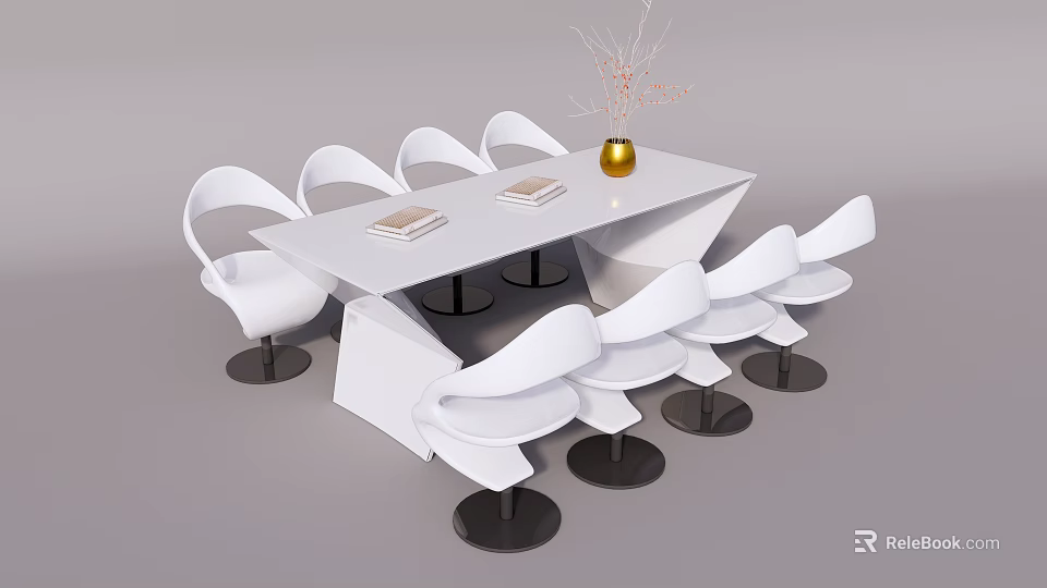 Stylish White Conference Table with Modern White Chairs Golden Vase and Books 3d model 