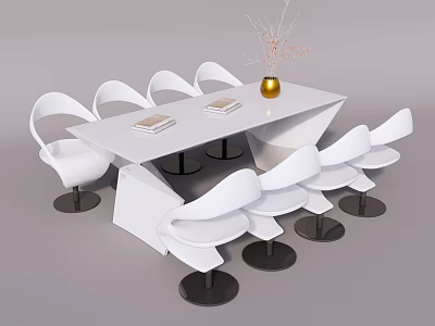 Stylish White Conference Table with Modern White Chairs Golden Vase and Books 3d model