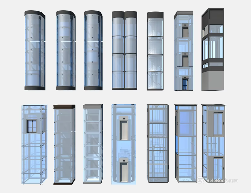 Various Elevator Design Styles With Glass And Metal Exteriors And Modern Architectural Elements 3d model