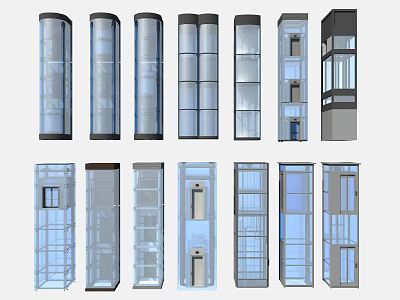 Various Elevator Design Styles With Glass And Metal Exteriors And Modern Architectural Elements 3d model