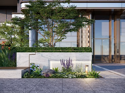 Modern Landscape Wall With Green Plants Trees Stone And Entrance Design 3d model
