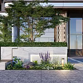 Modern Landscape Wall With Green Plants Trees Stone And Entrance Design