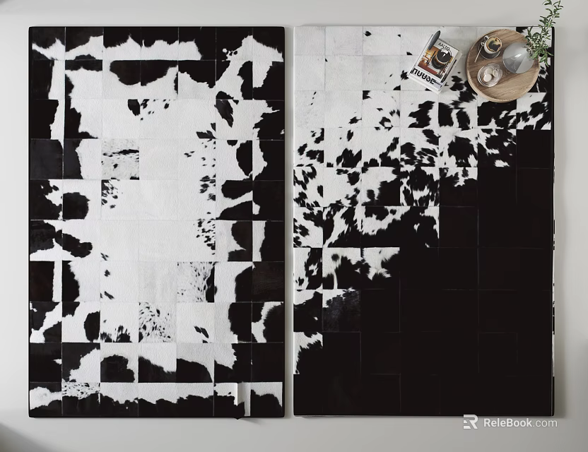 Square Black And White Cowhide Rug With Irregular Patchwork Design For Home Decor 3d model 