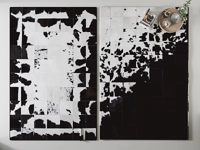 Square Black And White Cowhide Rug With Irregular Patchwork Design For Home Decor 3d model