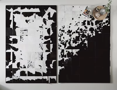 Square Black And White Cowhide Rug With Irregular Patchwork Design For Home Decor 3d model