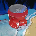 Red Coca-Cola Kiosk With Polar Bears On Beach At Sunset With Ice Blocks