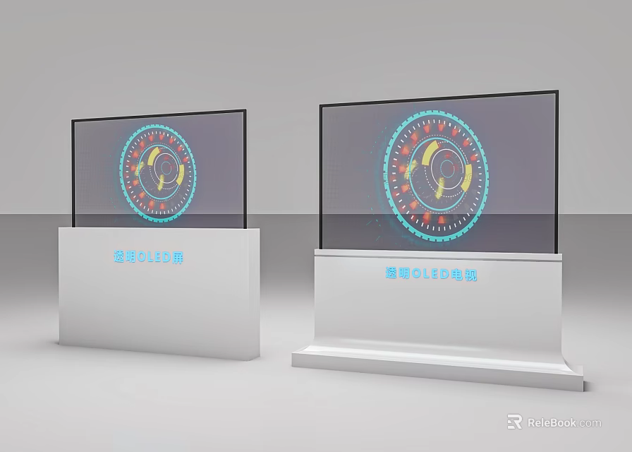 Transparent TV on White Display Stands With Circular Logo Screen 3d model