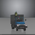 Blue Truck With Gray Cargo Box And Worker In Yellow Vest