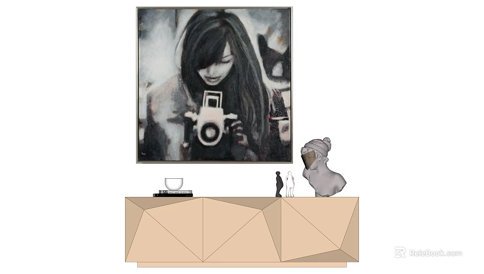 Portrait Painting of Woman Holding Camera Above Geometric Cabinet With Koala Figurine 3d model 