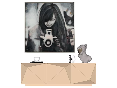 Portrait Painting of Woman Holding Camera Above Geometric Cabinet With Koala Figurine 3d model