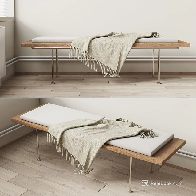 Minimalist Indoor Sofa Bench With Wooden Top Metal Legs White Cushion And Beige Blanket 3d model 