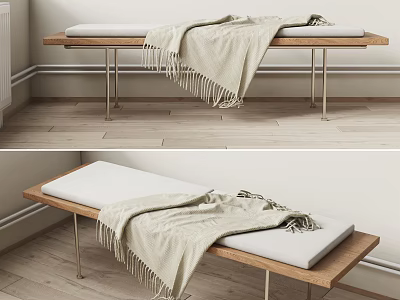 Minimalist Indoor Sofa Bench With Wooden Top Metal Legs White Cushion And Beige Blanket 3d model