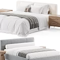 Modern Double Bed With Gray Frame Striped Bedding And Wooden Stools 3d model