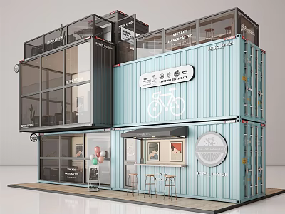 Two Story Blue Container Building Cafe With Glass Facade Bicycle Sign And Outdoor Bar Chairs 3d model