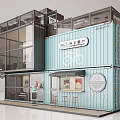 Two Story Blue Container Building Cafe With Glass Facade Bicycle Sign And Outdoor Bar Chairs