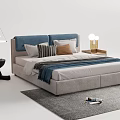 Modern Double Bed With Blue Headboard Multiple Pillows Blue Throw Blanket Nightstand And Table Lamp 3d model