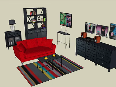 Modern Living Room With Black Chest Of Drawers Red Sofa And Decorative Wall Art 3d model
