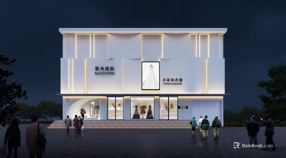 Modern Wedding Dress Shop Exterior With Bridal Gown Showcase Windows And Elegant Lighting 3d model 