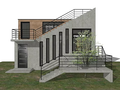 Modern Guesthouse Building With Concrete Wooden Facade Staircase Balcony Black Railing And Green Plant 3d model