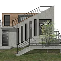 Modern Guesthouse Building With Concrete Wooden Facade Staircase Balcony Black Railing And Green Plant