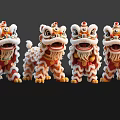 Red White Lion Dance Figurines With Ornate Details On Black Reflective Surface