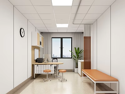 Modern Office Lounge With White Walls Wall Clock Desk Computer Chairs Window Plant And Bench 3d model