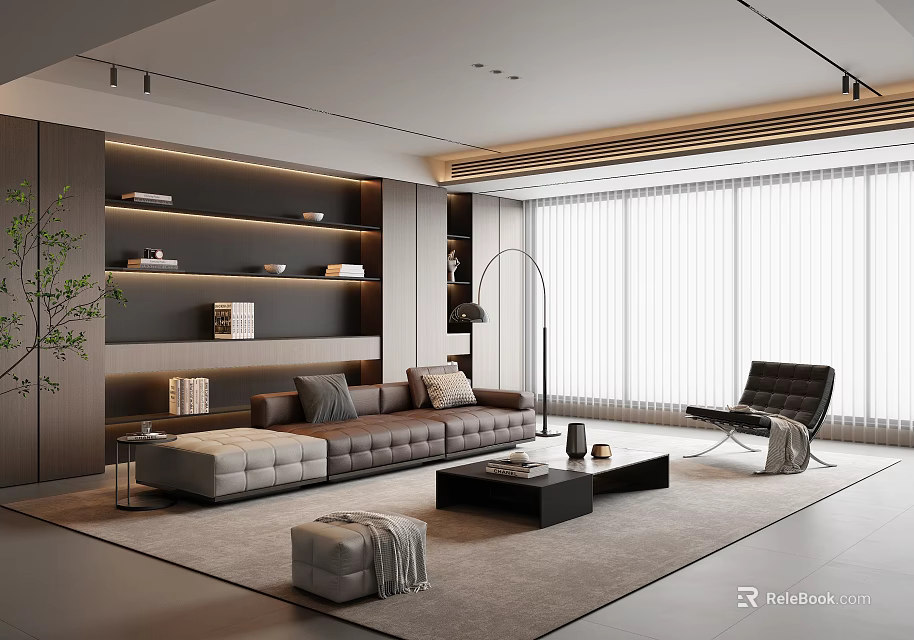 Modern Living Room Sofa Coffee Table Set with Brown Sofa Gray Beige Cushions Black Table 3d model 